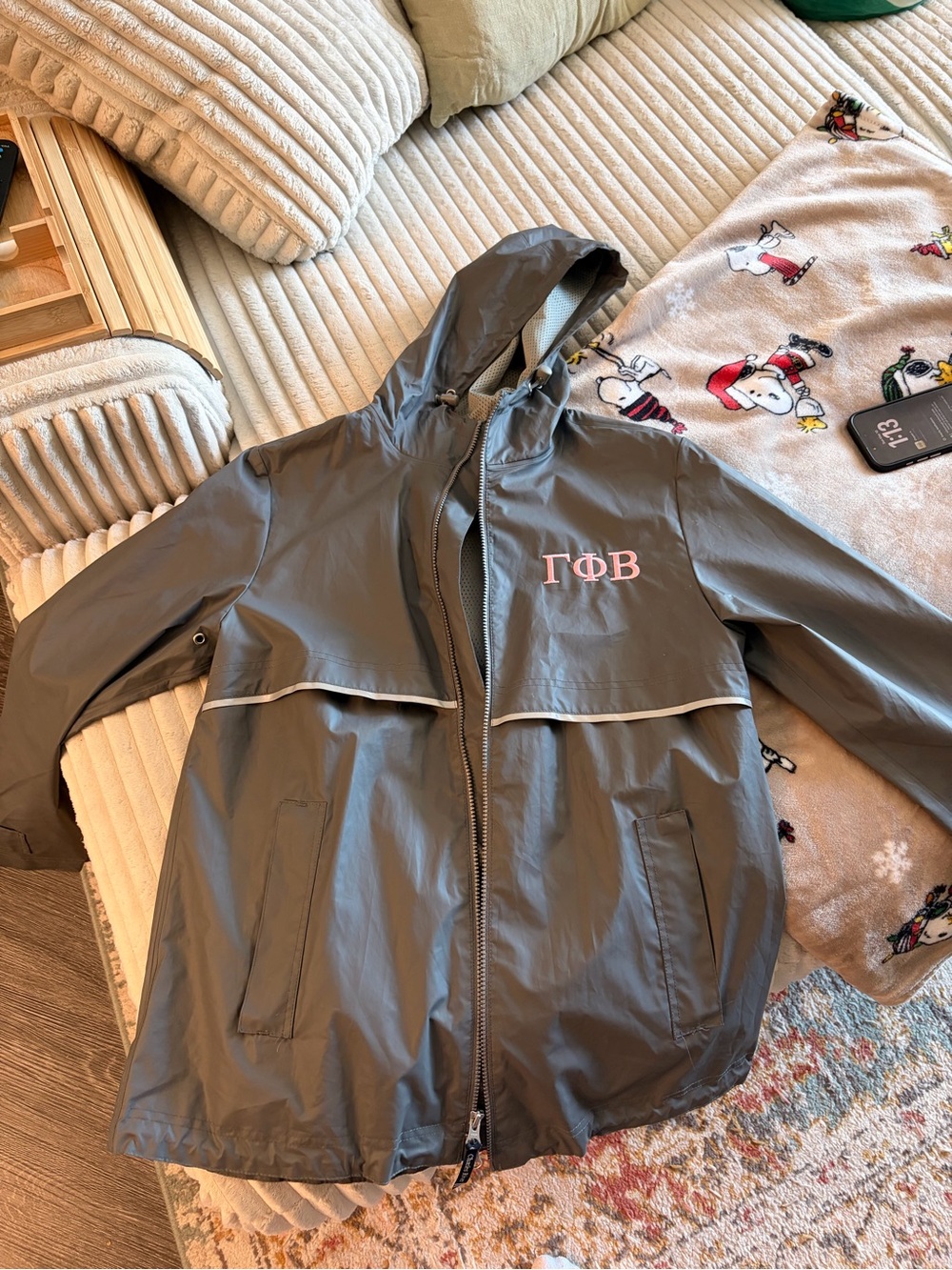 Gray Hooded Windbreaker with Pink Greek Letter Embroidery